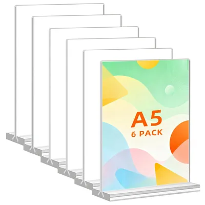Immagine prodotto di 6 supporti in acrilico per tavolo, formato A5, espositori a "T" fronte-retro per menu