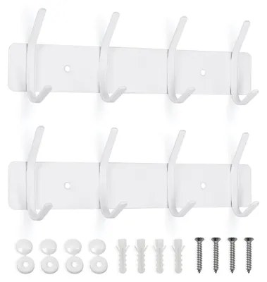 Productafbeelding van Wandhaken voor garderobe, garderobe van roestvrij staal, garderobe voor slaapkamer en badkamer, kledinghaken, kledinghouders (wit, 4 haken, 2 stuks)
