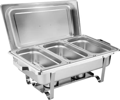 A stainless steel chafing dish with three compartments, its lid open.