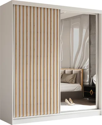 Image de Armoire Erika de 200 cm avec lamelles et miroir, 2 portes coulissantes incluses Armoire à portes coulissantes (couleur : blanc, blanc, lamelles Artisan)