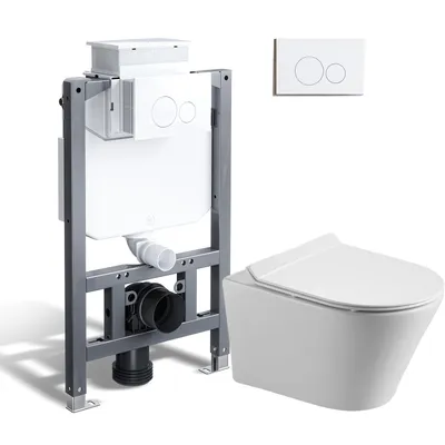 Produktbild von HOROW Komplett Vorwandelement Spülrandlos Toilette Set, 82cm Unterputz Spülkasten + Wand Hänge WC + weiß round Drückplatte