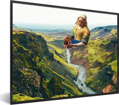 Produktbild von MuchoWow® Gerahmtes Poster Milchmädchen - Vermeer - Natur 80x60 cm - Poster mit Schwarzem Bilderrahmen Wandposter Rahmen Foto Bilder - Schwarzem - Mit Gestell