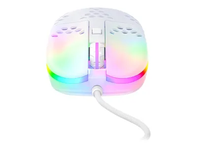 A white gaming mouse with RGB lighting.