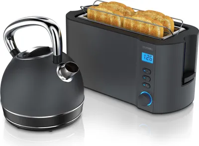 Produktbild von Arendo Frühstücks-Set, Wasserkocher Edelstahl 1,7l, 4 Scheiben Langschlitztoaster, 4 Scheiben Toaster, Frühstücksset, Wasserkocher Retro, 2200W, Brötchenaufsatz, Cool Grey