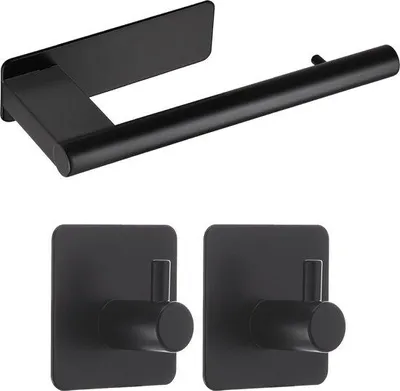 Immagine prodotto di Set da bagno in acciaio inossidabile nero con 2 ganci adesivi, opaco