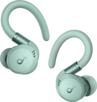 A pair of green wireless earbuds with ear hooks, shown against a white background.