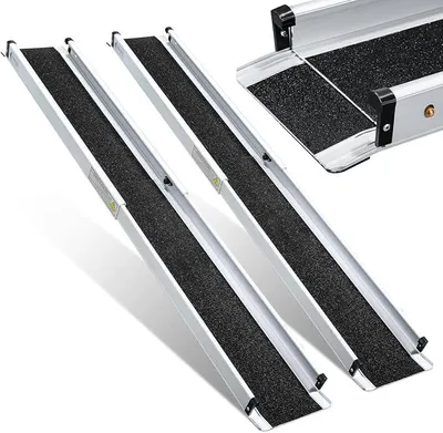 Produktbild von Rollstuhlrampe 2 Stück 121-213 cm Teleskoprampe aus Aluminium | Auffahrrampe für Rollstuhl bis 300 kg, mobil & rutschfest, klappbar mit Tragetasche für Treppen und Rollstuhlfahrer