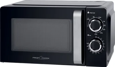 A black countertop microwave with a silver handle and control panel.
