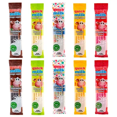 Produktbild von QUICK MILK - 5 Geschmackssorten Trinkhalme für Milch - 10 Stück (50 Halme) - 300 g