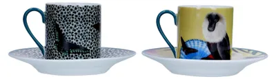 Produktbild von Espresso-Tassen-Set, 2 Espressotassen und Untertassen, kleine Porzellantassen mit Tiermotiv, 85ml - in Geschenkbox und spülmaschinenfest, Bunt
