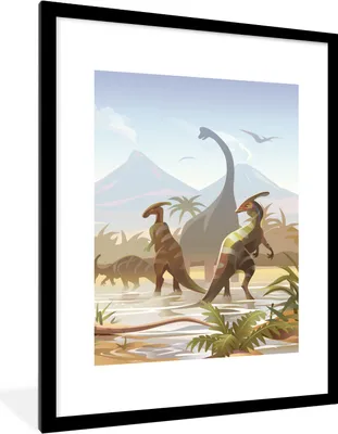 Produktbild von MuchoWow® Gerahmtes Poster Dinosaurier - Landschaft - Tropisch - Kinder - Jungen 60x80 cm - Poster mit Schwarzem Bilderrahmen Wandposter Rahmen Foto Bilder - Wohnzimmer - Dekorationen - Prämie