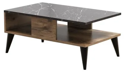 Image de Table basse en bois MDF mélaminé noyer et marbre L 90 cm style moderne