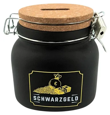 Produktbild von Sparglas Schwarzgeld Schwarz mit Schloss und Schlüssel für Münzen und Scheine mit Entnahmeöffnung