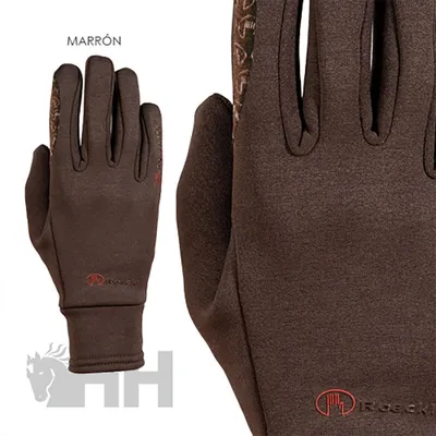 A close-up of a brown glove with a logo and text.