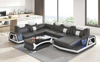 Produktbild von Ecksofa Modern Wohnlandschaft Sofa U Form Groß Ledersofa Schwarz Sofas