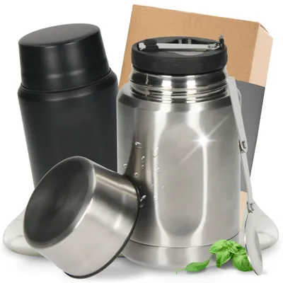 Produktbild von Edelstahl Thermobehälter - 0,5 L Behälter - Isolierbehälter für Essen - Auslaufsichere Speisegefäß mit Löffel - Silber