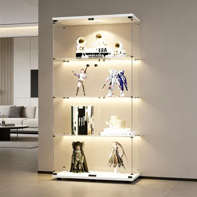 Obrázok produktu pre Vitríny INONE s LED osvetlením a sklenenými dverami, vhodné na vystavovanie zbierok, vína, rozmer 81x37x164 cm. 4-vrstvová sklenená vitrína, sklenená skrinka do obývačky alebo spálne, biela