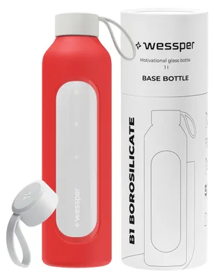 Obrázek produktu pro Wessper, skleněná láhev na pití, 1 litr, červená, bez BPA, s indikátorem hydratace, silikonový obal