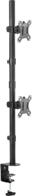 A black dual monitor mount with a clamp base, shown against a white background.