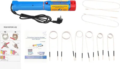 Immagine prodotto di Set di riscaldatori a induzione - Rimuovi viti e bulloni - 1100 W - Senza fiamma - Bobine 30/40/50 mm + bobina flessibile da 75 cm - Impugnatura antiscivolo - Cavo da 1,6 m - Blu