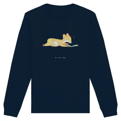 Produktbild von Mr. & Mrs. Panda Baumwoll Sweatshirt Fuchs Lesen Größe L - French Navy - Geschenk, Pulli, Pullover, Bücherwurm, Bücher, Bio, Sweater