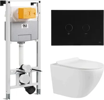 Produktbild von Domotechnika | Wc Set Zoldo - Vorwandelement - Unterputzspülkasten - Weiß Glänzend - Spülrandlos - - Hygienisch Und Leicht Zu Reinigen - schwarzer Knopf