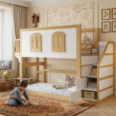 Produktbild von Hochbett Massivholz, Kinderbett, mit Treppenschrank, Spielfläche & Fensterdesign, stabiler Lattenrost, Weiß+Natur, 90x200cm