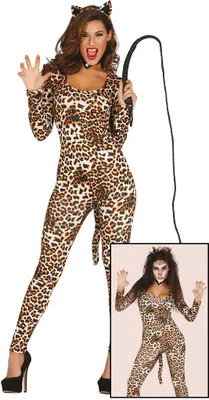A woman wearing a leopard print costume, holding a whip, with a smaller inset image of the same costume.
