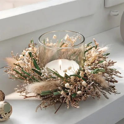 Produktbild von Windlicht "Trockenblumen" kleiner Dekokranz Ø 18 cm, Tischkranz mit Glas-Windlicht, Rattan-Kranz mit Gräsern