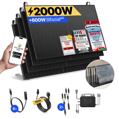 Produktbild von Balkonkraftwerk 2000W Solaranlage mit Balkon Halterung Steckerfertig Komplettset Photovoltaik Anlage 800W, Kabellänge: 10m, Solakon - onPower