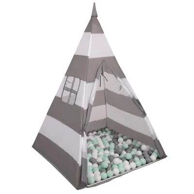 Produktbild von Selonis tipi spielzelt mit 100 bälle 6 cm zelt für kinder, grau-weiße streifen:weiß/grau/mint