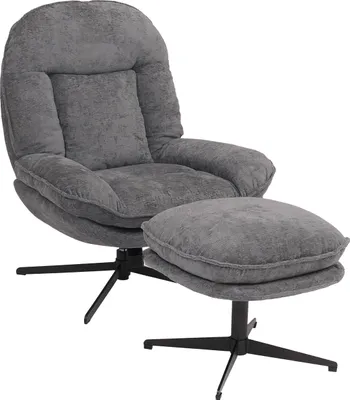 Produktbild von Relaxsessel mit Hocker HWC-P32, Fernsehsessel Nosagfederung, drehbar Metall Stoff/Textil Chenille (370 g/m²) grau
