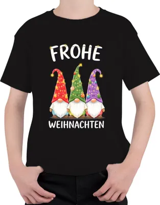 Produktbild von Frohe Weihnachten Wichtel Gnom Weihnachtsmütze Lichterketten Uni Kinder T-Shirt, Schwarz, 128
