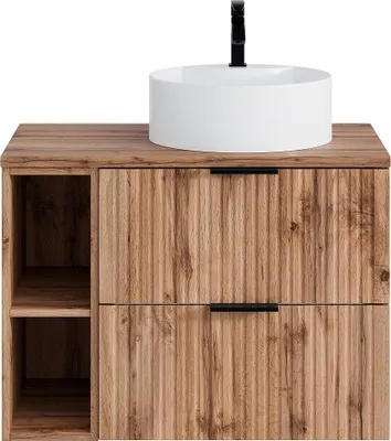 Produktbild von Waschbeckenunterschrank hängend mit Ablagen & Aufsatzwaschbecken rund - Streifenoptik - Holzfarben hell - 80 cm - ZEVARA