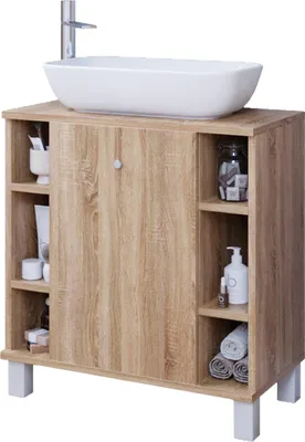 A bathroom vanity with a vessel sink and faucet, showcasing storage compartments with various toiletries and towels.