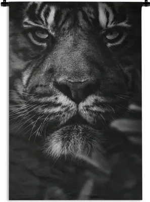 Produktbild von MuchoWow® Wandteppich Wandbehang Nahaufnahme eines Tigers im Dschungel - schwarz und weiß 60x90 cm Tapisserie Dekoration Wandtuch - Foto-Teppich - Abwaschbar