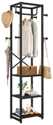 Garderobenständer mit 3 Ablagen, 8 Haken, 180x40x30 cm, schwarz