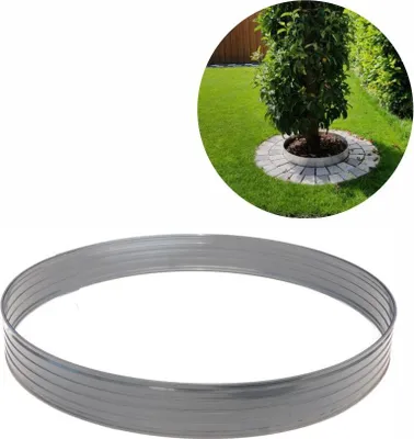 A metal ring for a tree base is shown in the foreground, with a circular stone-paved tree base in a garden setting in the background.