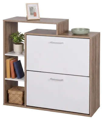 Zdjęcie produktu dla Szafka na buty Relaxdays, wymiary: 90 x 80 x 23,5 cm, 2 drzwiczki, miejsce na 12 par butów, otwarte półki, wąska szafka na buty, kolor: naturalny/biały