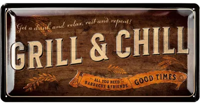 Produktbild von Retro Blechschilder Grillen - GRILL and CHILL Lounge - BBQ Grill Retro Deko - Grillplatz Schild Garten - Geschenk für Papas Grillecke Schild