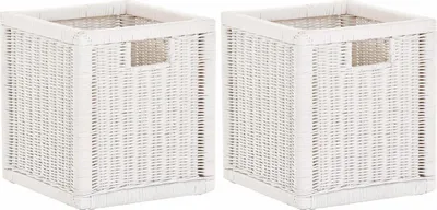 Produktbild von KRINES HOME Stabiles Set / 2 Regalkorb mit Holzrahmen Schubfach aus echtem Rattan / Schübe Box zur Aufbewahrung Regalkorb Schrankkorb Griff (Weiss, Set 28x29x30)