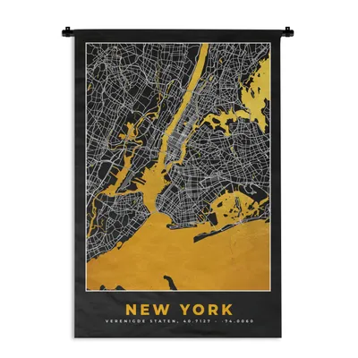 Produktbild von MuchoWow® Wandteppich Wandbehang New York - Stadtplan - Gold - Karte 60x90 cm Tapisserie Dekoration Wandtuch - Foto-Teppich - Abwaschbar