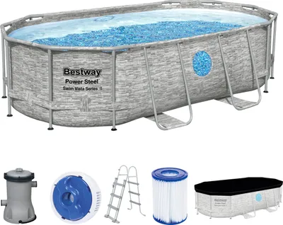 Produktbild von Bestway® Power Steel™ Swim Vista Series™ Frame Pool Komplett-Set mit Filterpumpe 427 x 250 x 100 cm, Steinwand-Optik (Cremegrau), oval