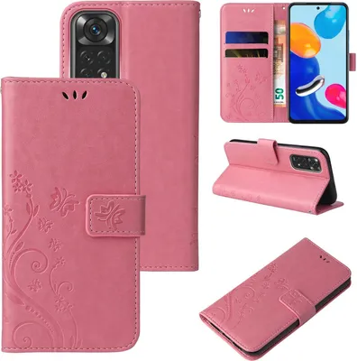 Produktbild von Handyhülle für Xiaomi Redmi Note 11 Floral Blumen Schmetterling Flip Cover Hülle Case Klapphülle Handytasche Farbe: Rosegold
