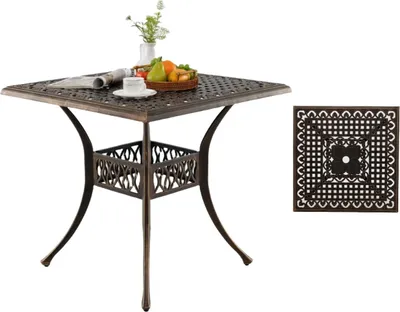 Zdjęcie produktu dla Kwadratowy stół ogrodowy KOMFOTTEU z otworem na parasol 4,8 cm, stół balkonowy z regulowanymi nogami, stół bistro wykonany z odlewu aluminiowego, stół jadalniany na balkon, taras, do ogrodu, 80 x 80 x 75 cm