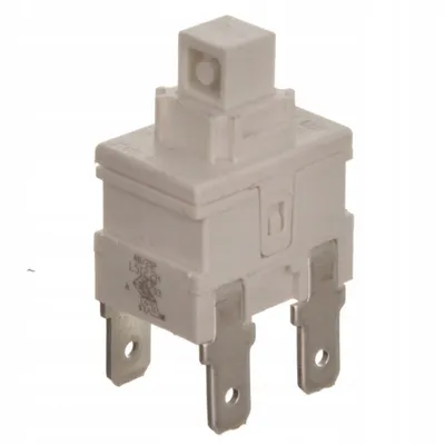 A white electrical switch with metal connectors against a white background.