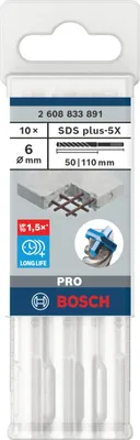 Productafbeelding van PRO SDS-plus-5X klopboormachinebitset, 6 x 50 x 110 mm, 10-delig.