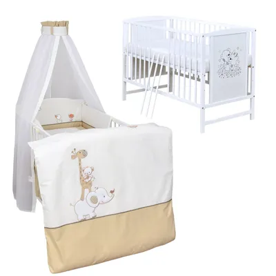 Produktbild von Baby-Delux Babybett Gitterbett Mia weiß 120×60 inkl. Matratze Bettwäsche Set 10tlg Zirkus Beige