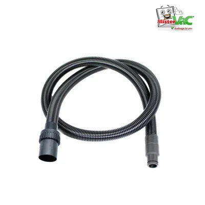 A black vacuum cleaner hose is coiled on a white background.