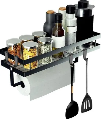 Immagine prodotto di Mensole metalliche Unyqoos® per erbe aromatiche, da appendere, montaggio a parete senza fori, colore nero, 35 cm, con portarotolo da cucina e 4 ganci removibili, capacità di carico 3 kg